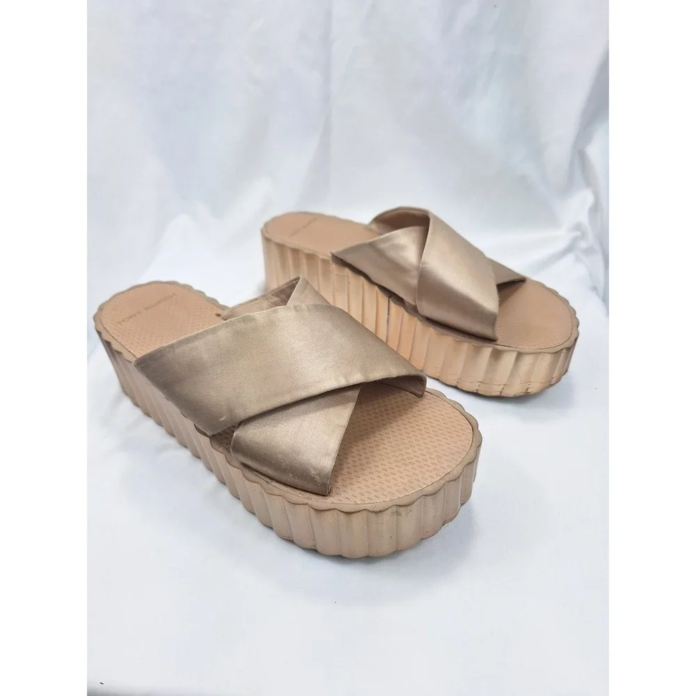 Tory Burch Metallic Gold Platform Slide Sandals Crisscross Straps 5595 Women 10M